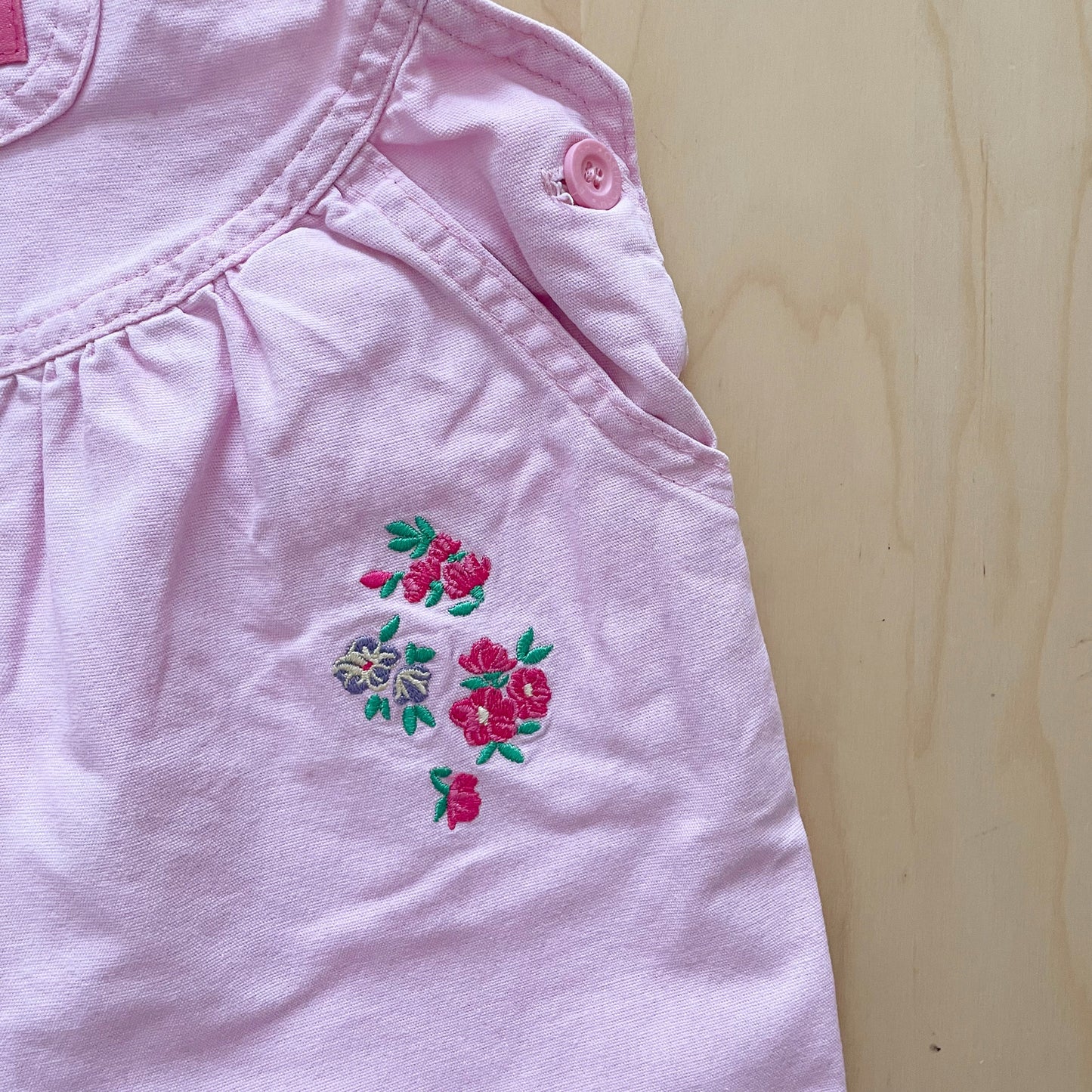 OshKosh Light Pink Floral Embroidered Scoop Shortalls - Yellow Clover Vintage Kids Clothes