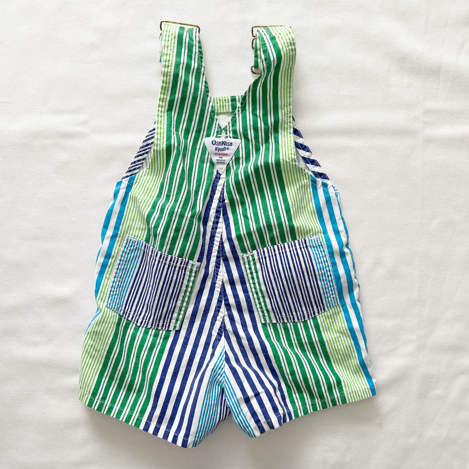 OshKosh Blue and Green Striped Shortalls - Yellow Clover Vintage Kids Clothes
