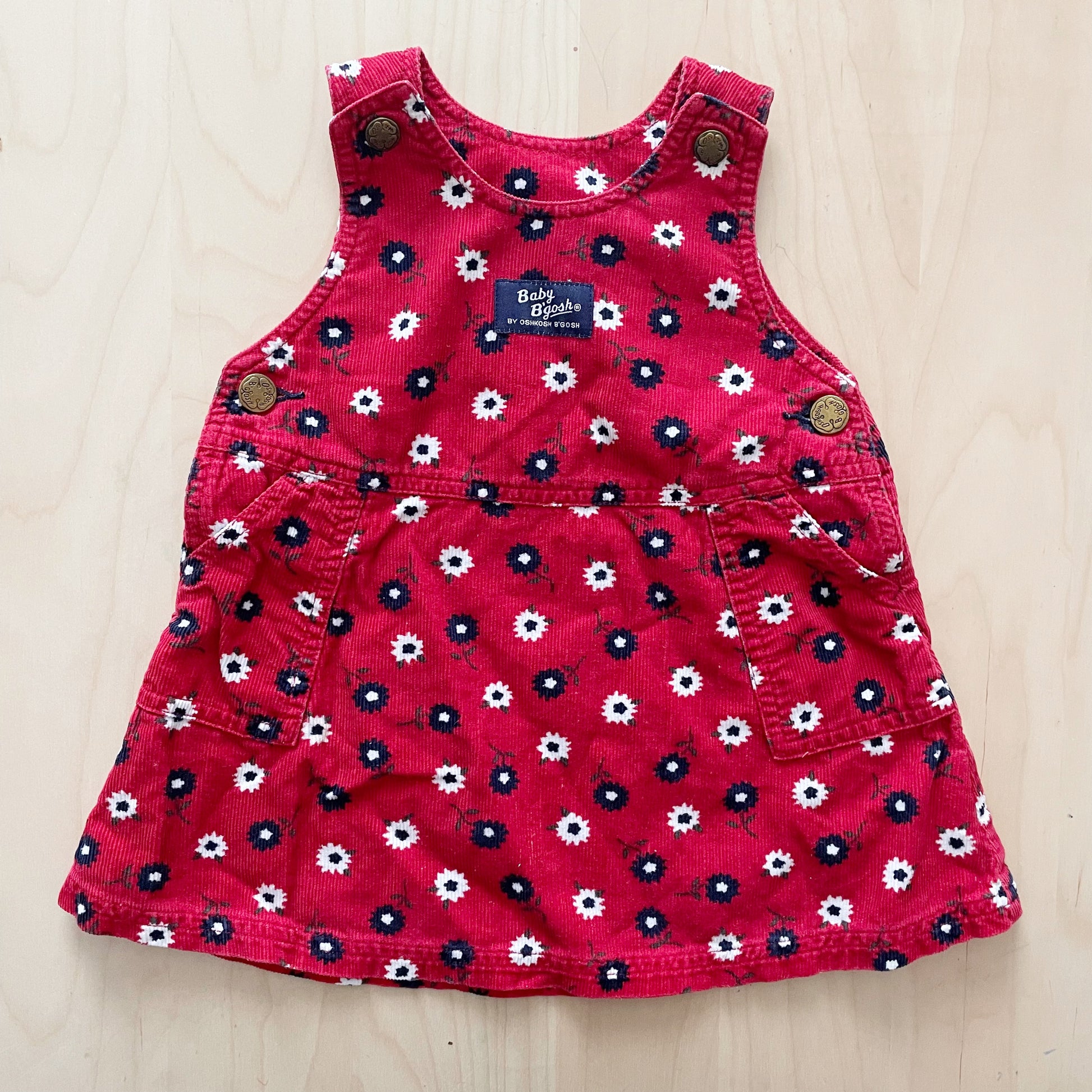 Baby B’gosh Red Flower Print Cord Pinafore Dress - Yellow Clover Vintage Kids Clothes