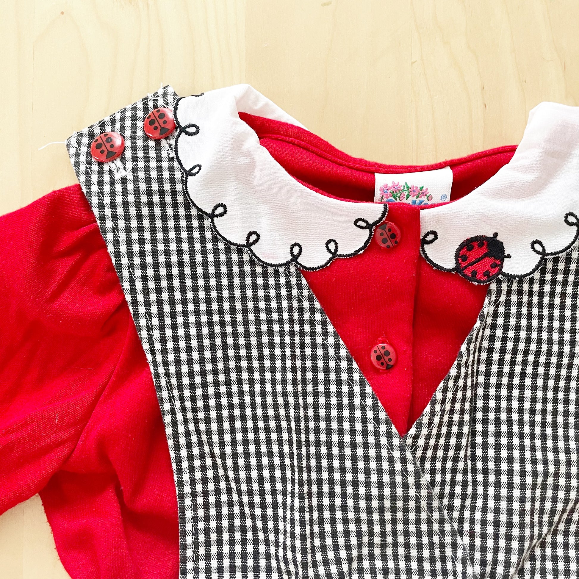 Vintage OshKosh Ladybug Checkered Pinafore Set - Yellow Clover Vintage Kids Clothes