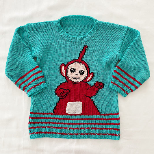 Handknit Po Teletubbies Sweater • 5T (?) - Yellow Clover Vintage Kids Clothes