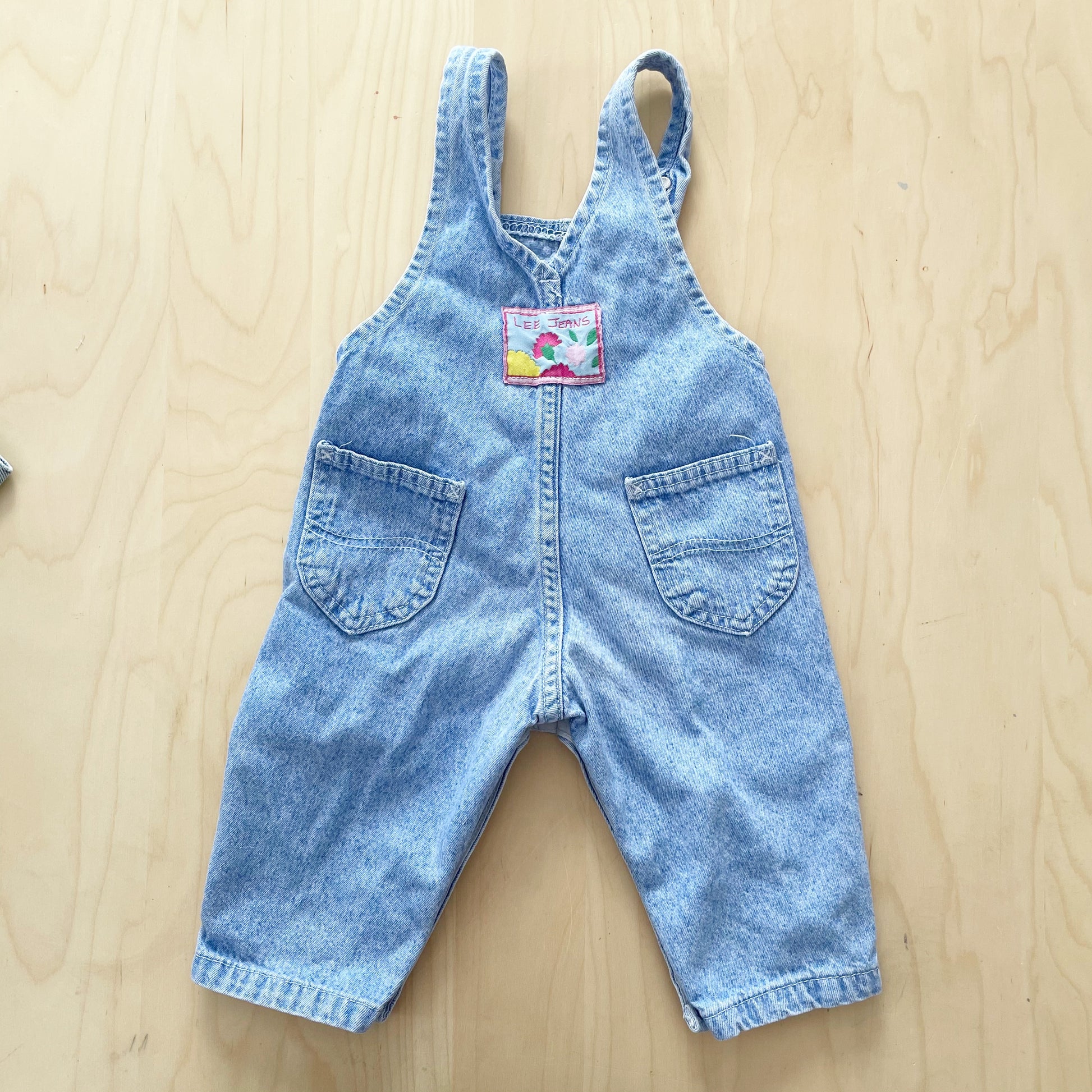 Vintage Lee Blue Wash Overalls with Floral Patch - Yellow Clover Vintage Kids Clothes