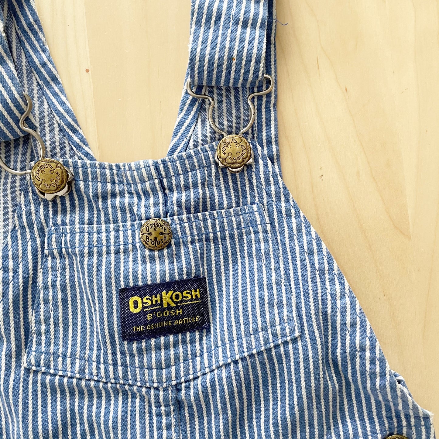 OshKosh Medium Blue Hickory Striped Shortalls - Yellow Clover Vintage Kids Clothes