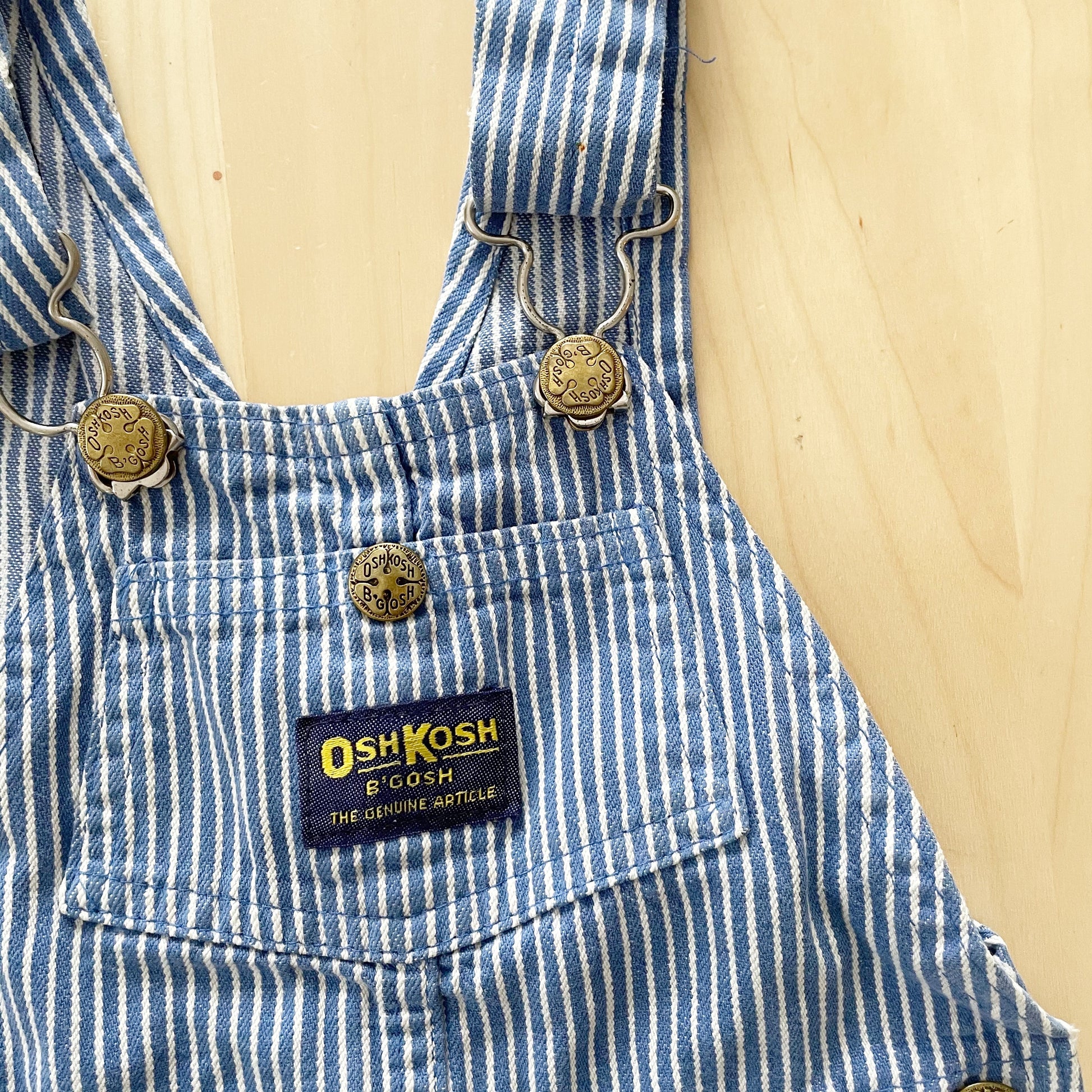 OshKosh Medium Blue Hickory Striped Shortalls - Yellow Clover Vintage Kids Clothes