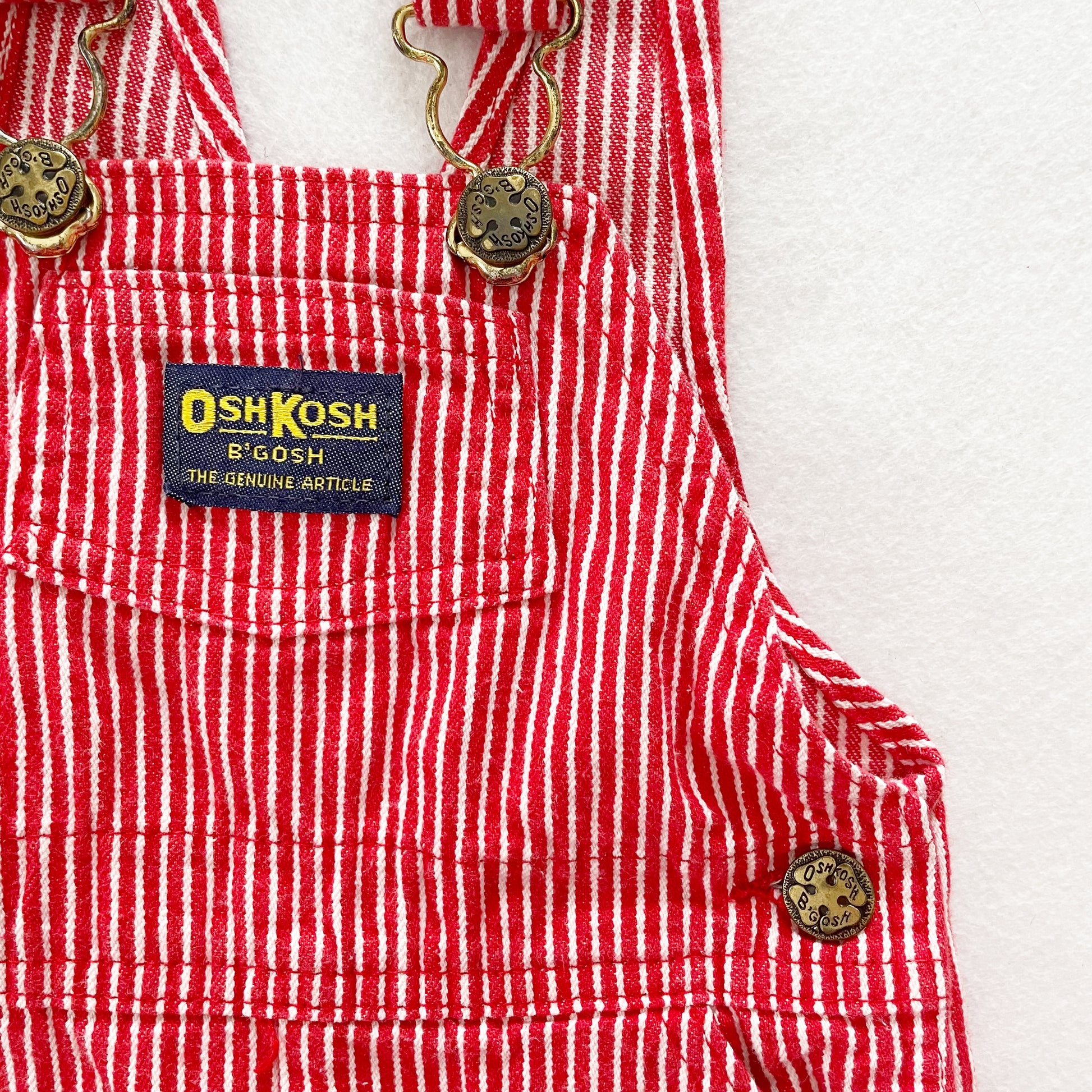 OshKosh Red Hickory Stripe Shortalls - Yellow Clover Vintage Kids Clothes