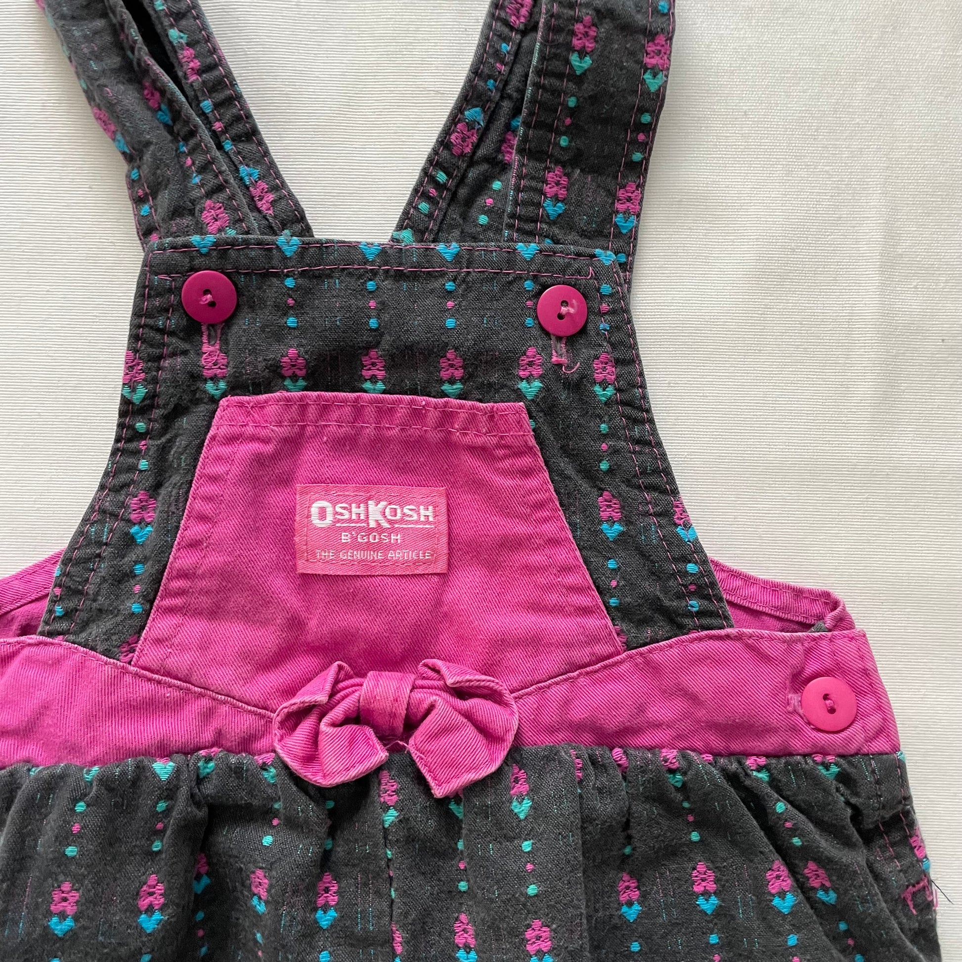 OshKosh Black Floral Woven Bow Front Overalls - Yellow Clover Vintage Kids Clothes