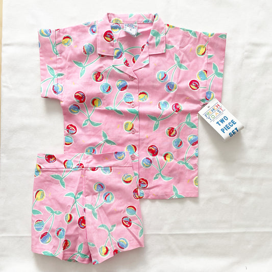 Pink Cherry Print Button Up Set • 5T - Yellow Clover Vintage Kids Clothes