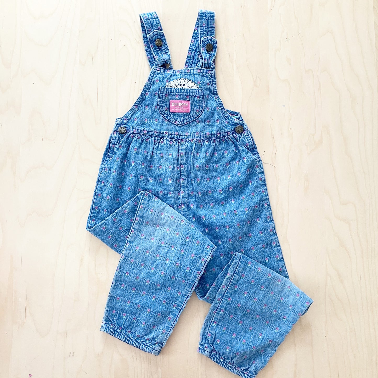 Vintage OshKosh Bow Back Floral Woven Chambray Overalls - Yellow Clover Vintage Kids Clothes