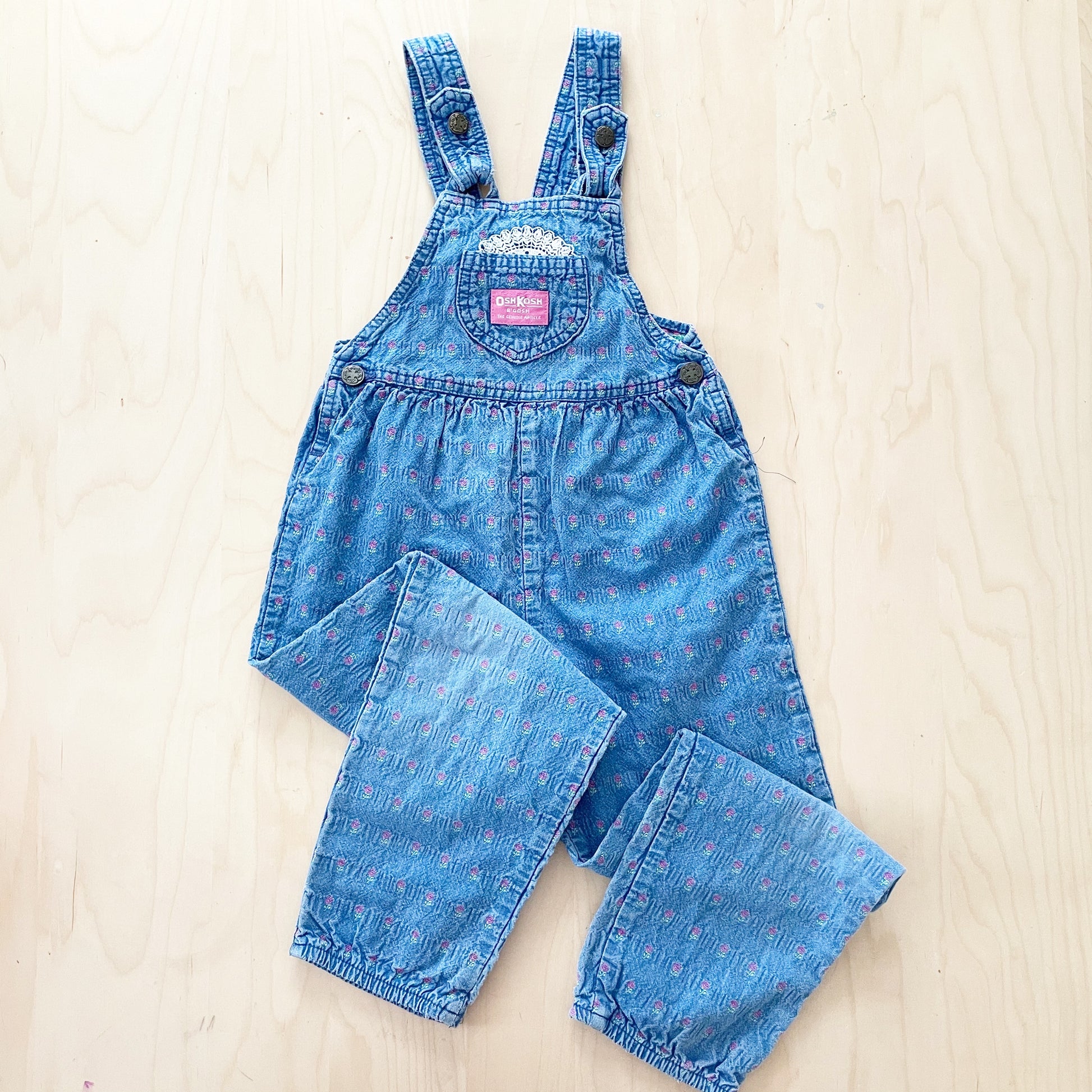 Vintage OshKosh Bow Back Floral Woven Chambray Overalls - Yellow Clover Vintage Kids Clothes