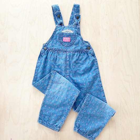 Vintage OshKosh Bow Back Floral Woven Chambray Overalls - Yellow Clover Vintage Kids Clothes