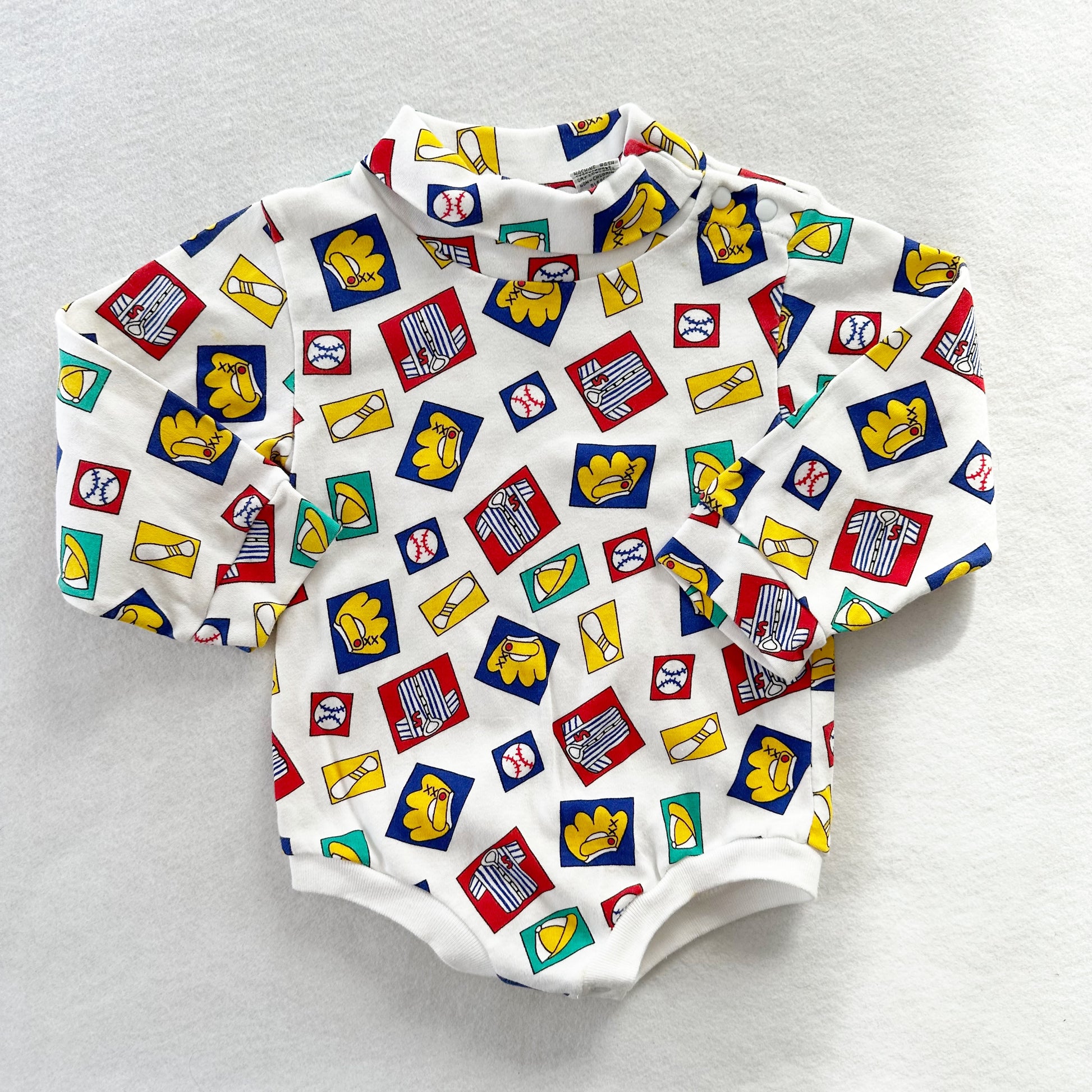 Jelly Beans Baseball Print Turtleneck Onesie - Yellow Clover Vintage Kids Clothes
