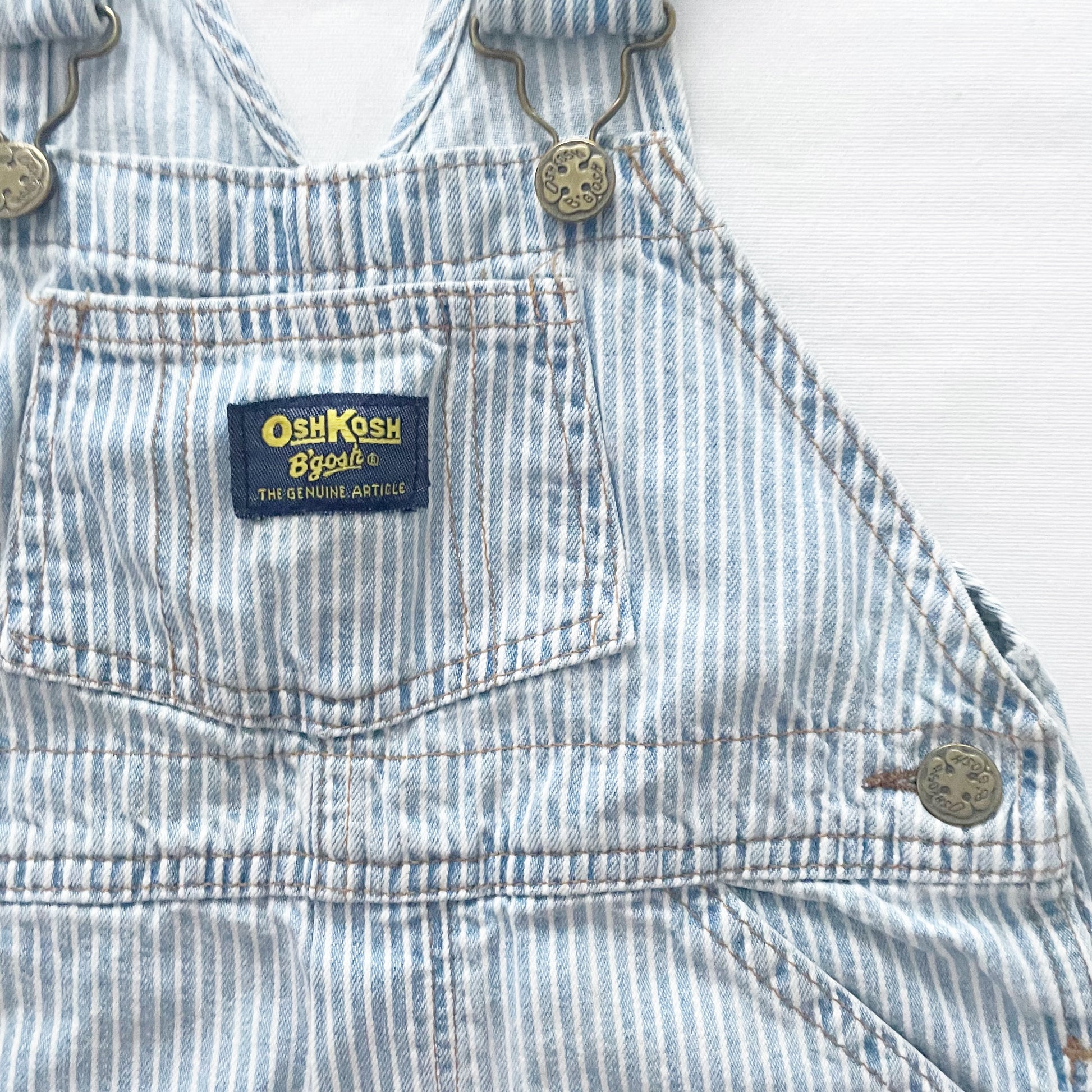 OshKosh Light Wash Hickory Stripe Shortalls - Yellow Clover Vintage Kids Clothes