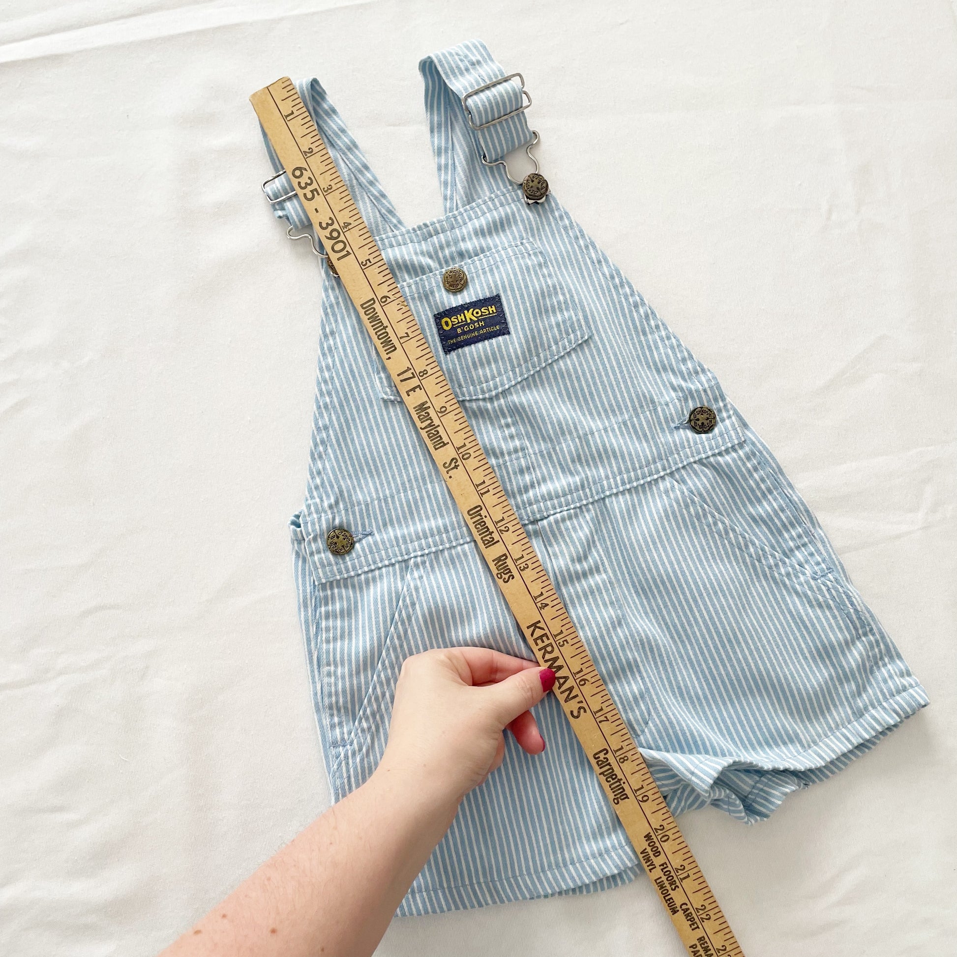 OshKosh Baby Blue Hickory Stripe Shortalls - Yellow Clover Vintage Kids Clothes