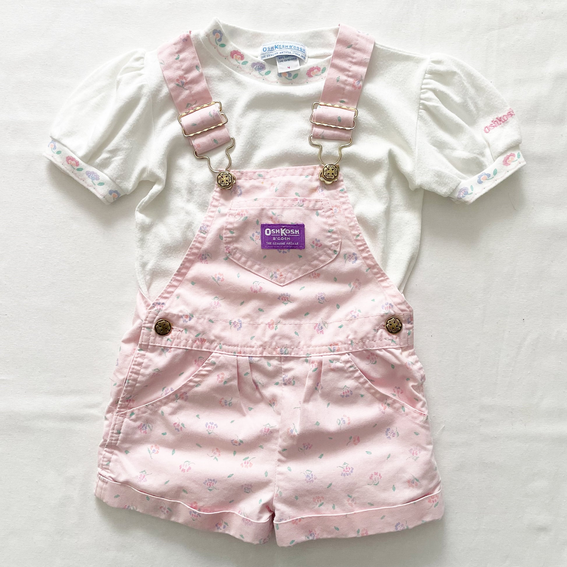 OshKosh Light Pink Floral Print Shortalls Set - Yellow Clover Vintage Kids Clothes