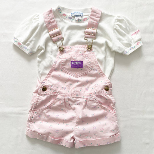 OshKosh Light Pink Floral Print Shortalls Set - Yellow Clover Vintage Kids Clothes