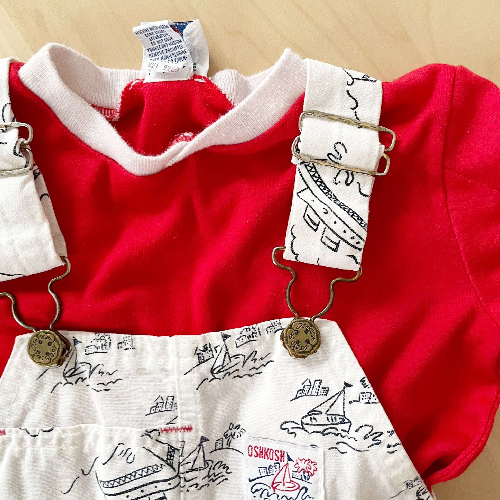 OshKosh Sailboat Print Shortalls Set - Yellow Clover Vintage Kids Clothes