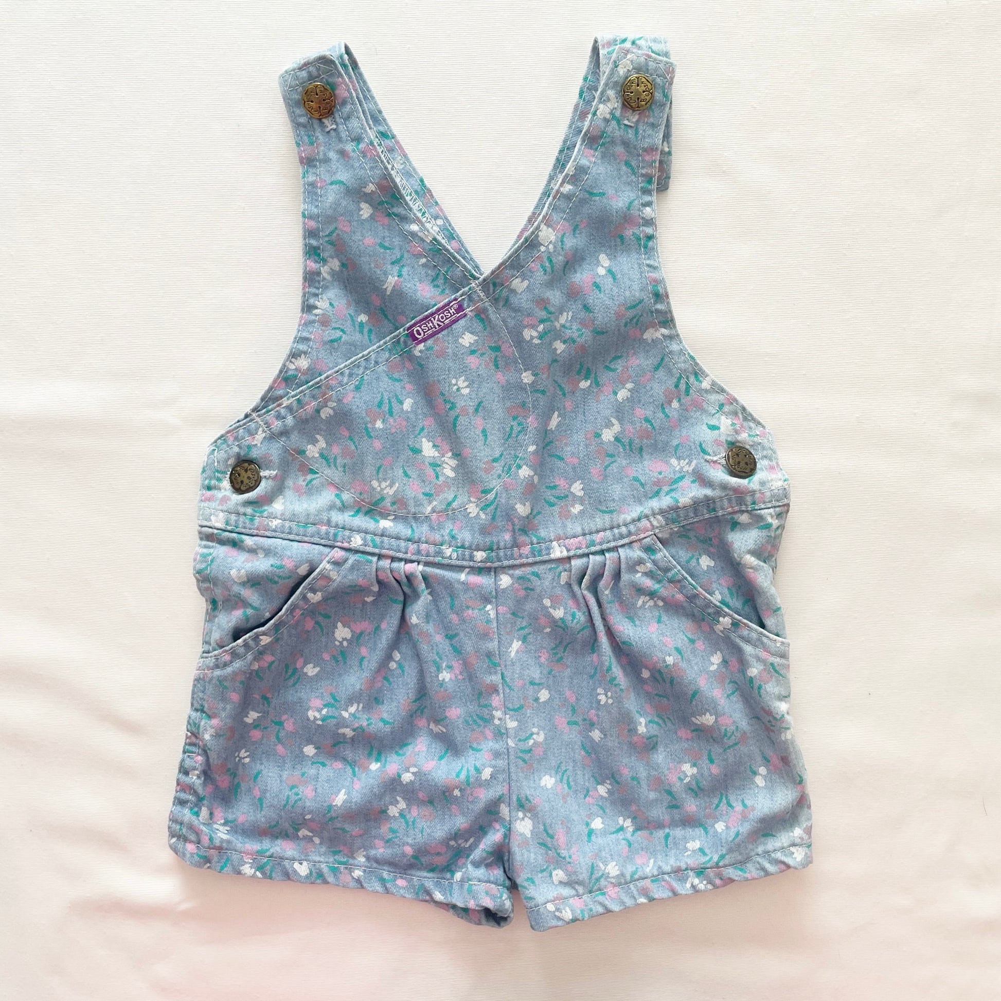 OshKosh Light Wash Floral Print Shortalls - Yellow Clover Vintage Kids Clothes