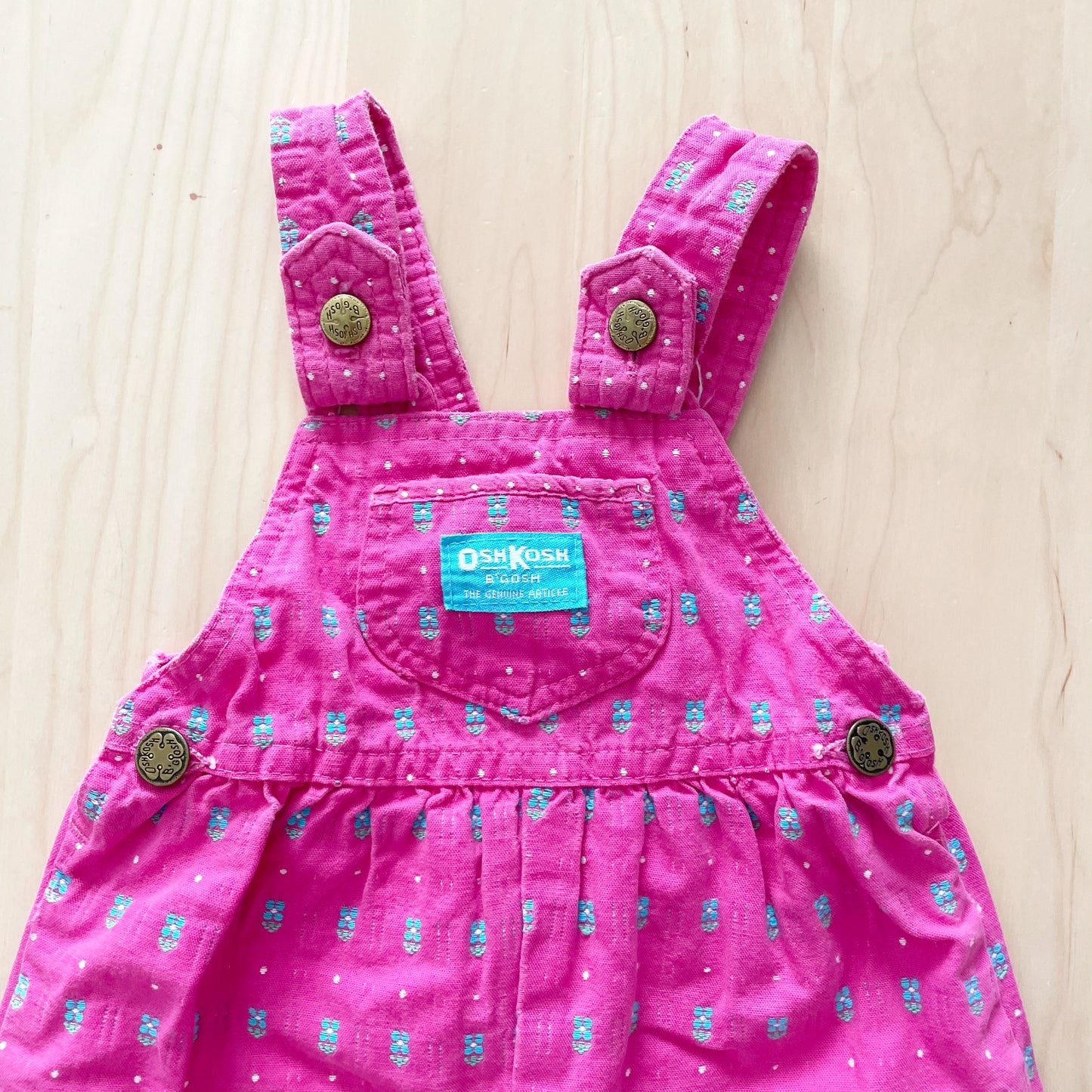 OshKosh Pink + Turquoise Woven Bow Back Overalls - Yellow Clover Vintage Kids Clothes