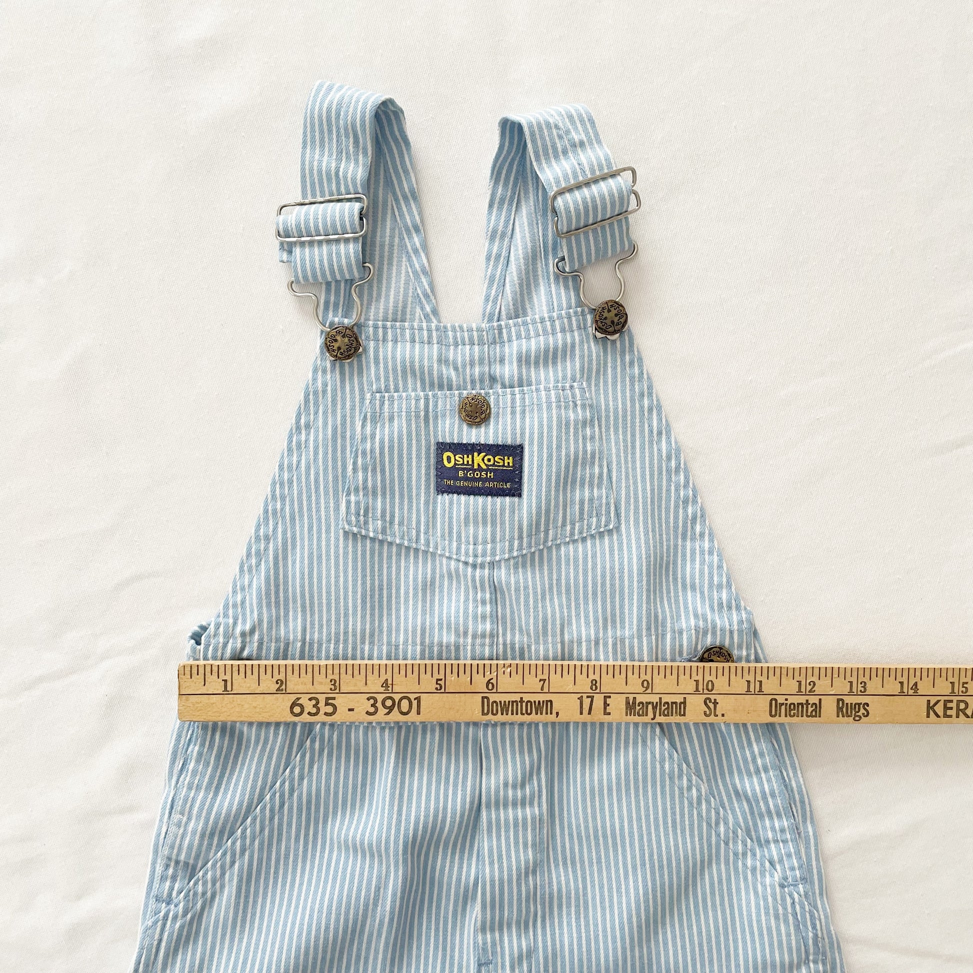 OshKosh Baby Blue Hickory Stripe Shortalls - Yellow Clover Vintage Kids Clothes