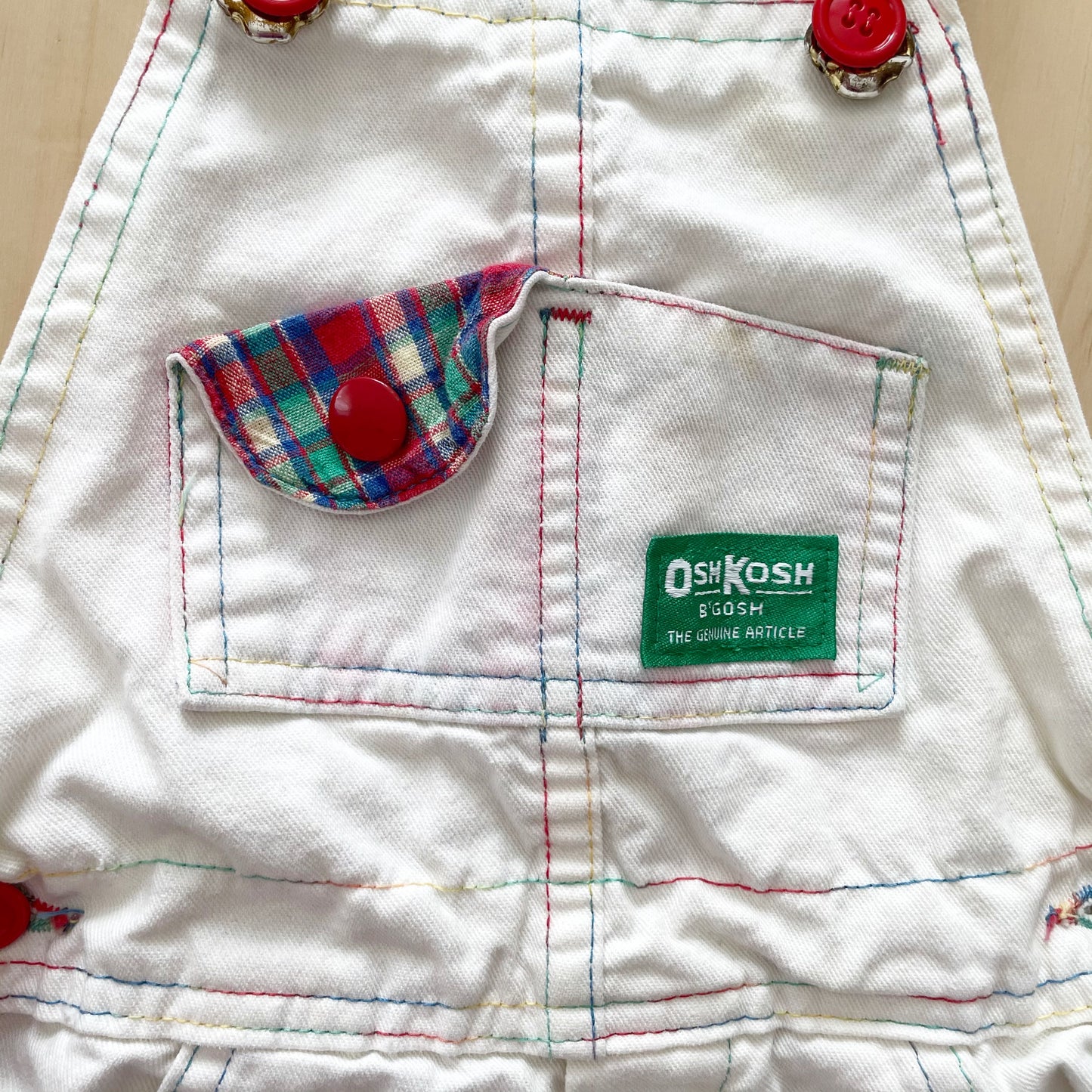 OshKosh White Primary Plaid Shortalls - Yellow Clover Vintage Kids Clothes