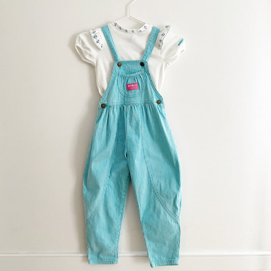 Vintage OshKosh Turquoise Stripe Girls Bubble Overalls Set