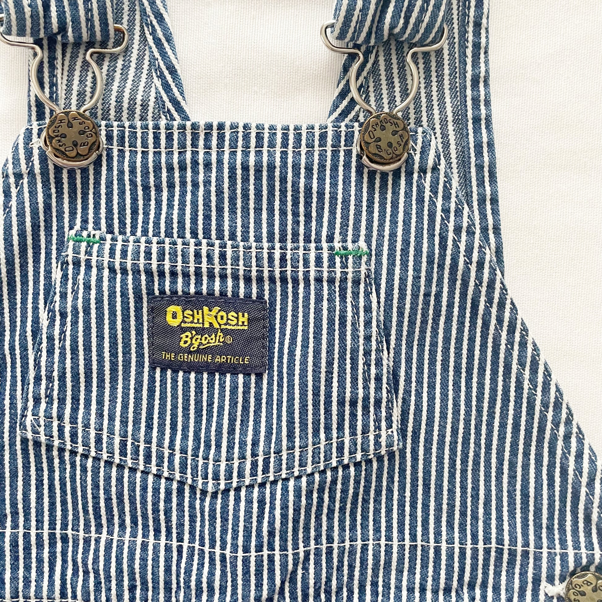 OshKosh Dark Denim Hickory Stripe Shortalls - Yellow Clover Vintage Kids Clothes