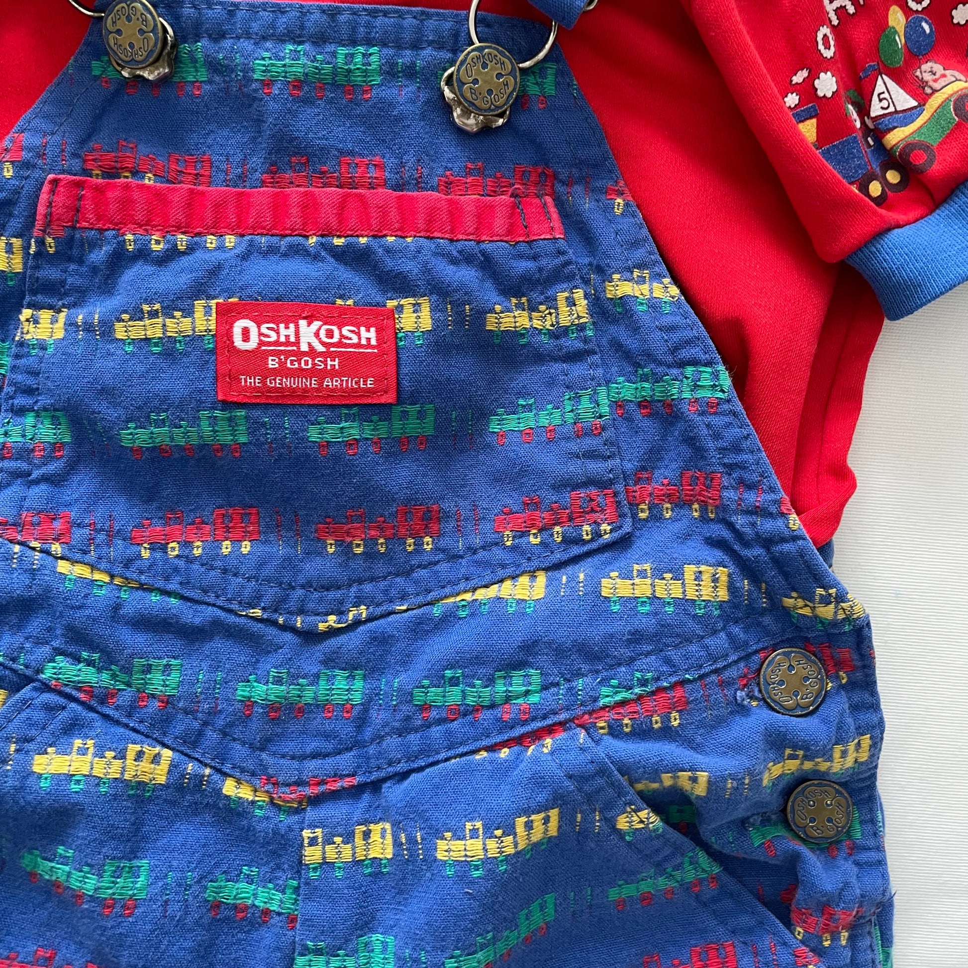 OshKosh Train Woven Shortalls Set - Yellow Clover Vintage Kids Clothes