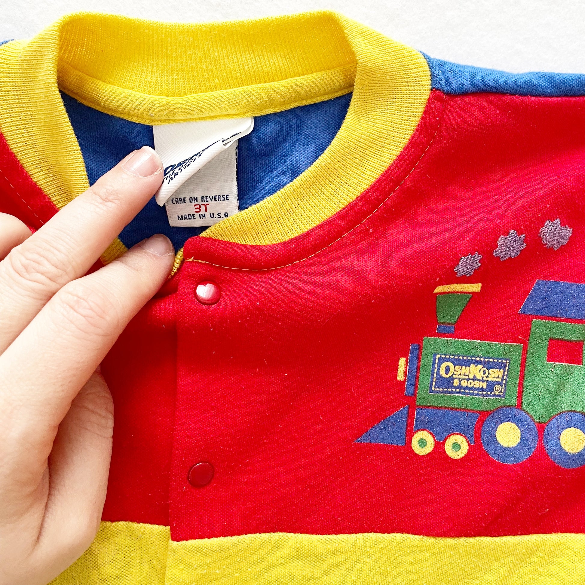 OshKosh Train Colorblock Romper - Yellow Clover Vintage Kids Clothes