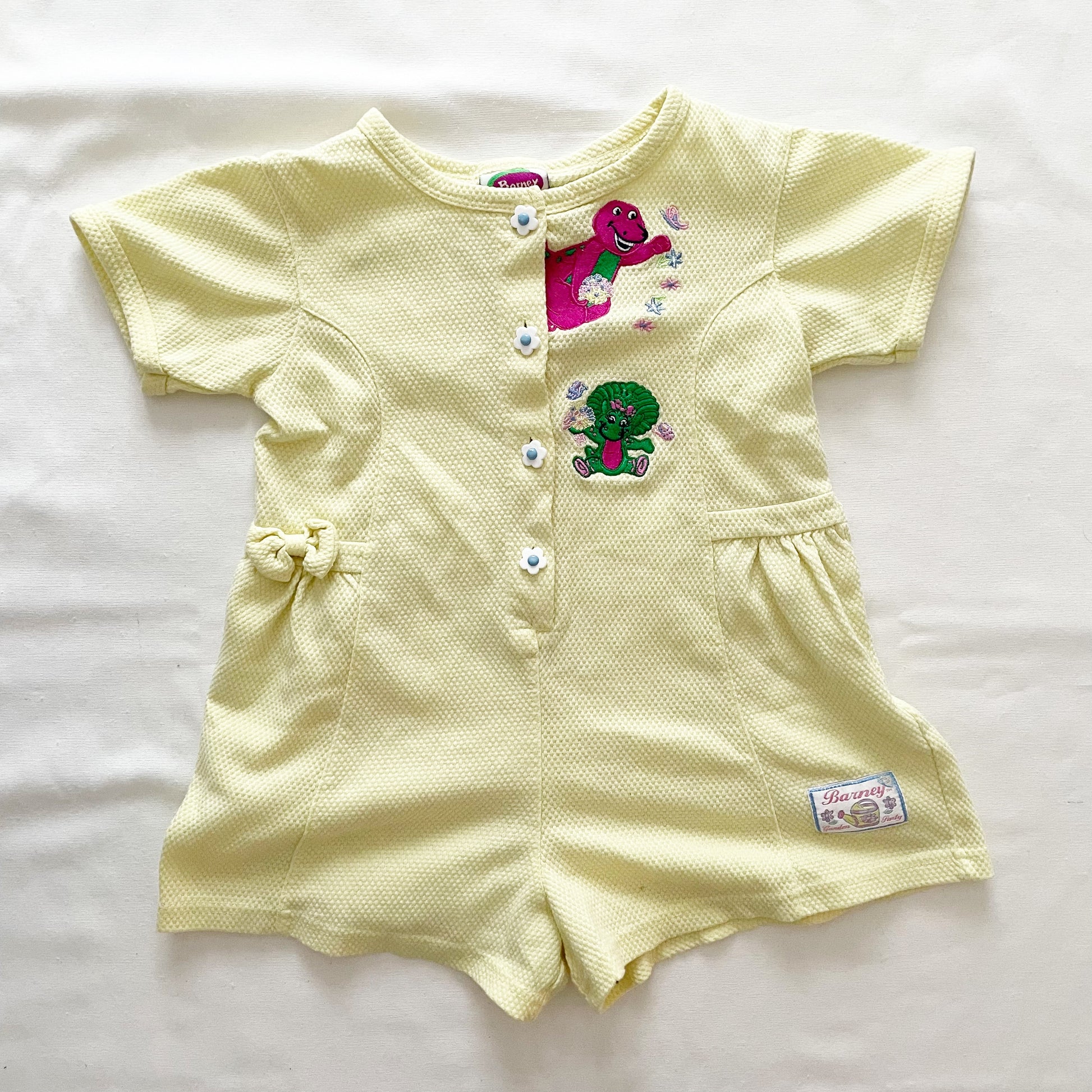 Barney and Baby Bop Garden Flowers Romper • 4T - Yellow Clover Vintage Kids Clothes