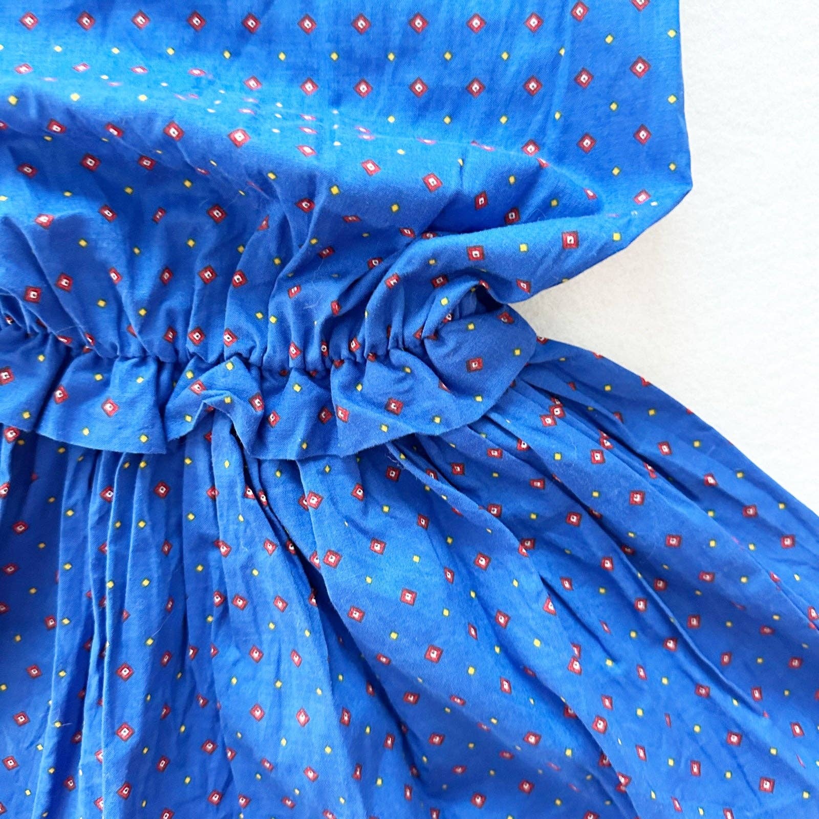 Kim Originals Blue Diamond Print Cotton Dress - Yellow Clover Vintage Kids Clothes