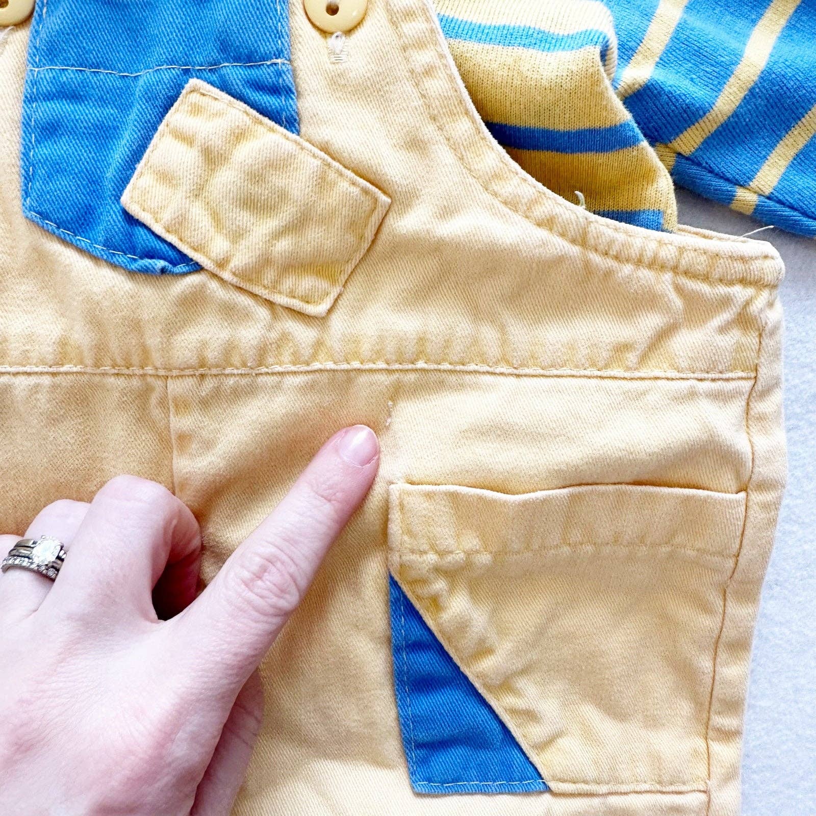 Vintage Healthtex Overalls Set With Striped Top: 9m - Yellow Clover Vintage Kids Clothes