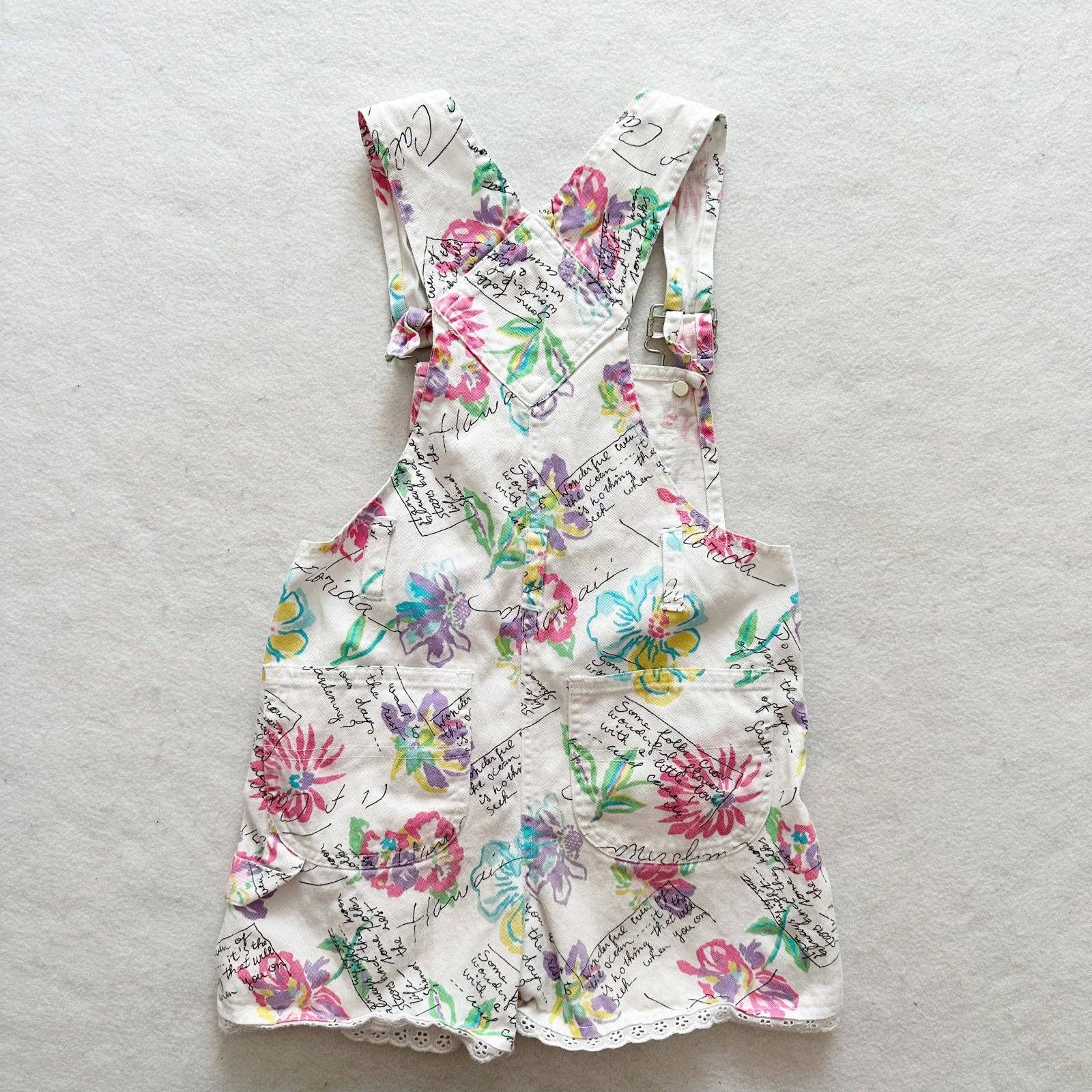 90s Floral Vacation Print Shortall Overalls - Yellow Clover Vintage Kids Clothes