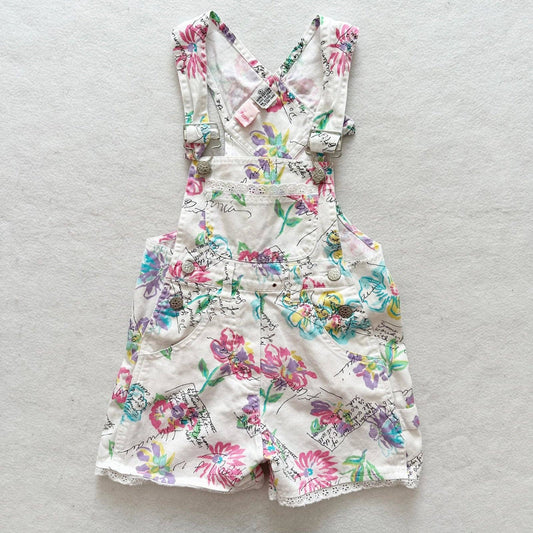 90s Floral Vacation Print Shortall Overalls - Yellow Clover Vintage Kids Clothes