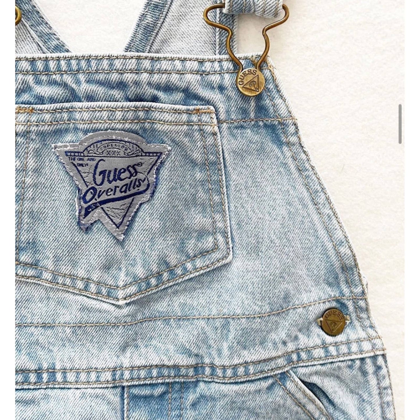 Vintage Guess Light Wash Patch Logo Overalls - Yellow Clover Vintage Kids Clothes