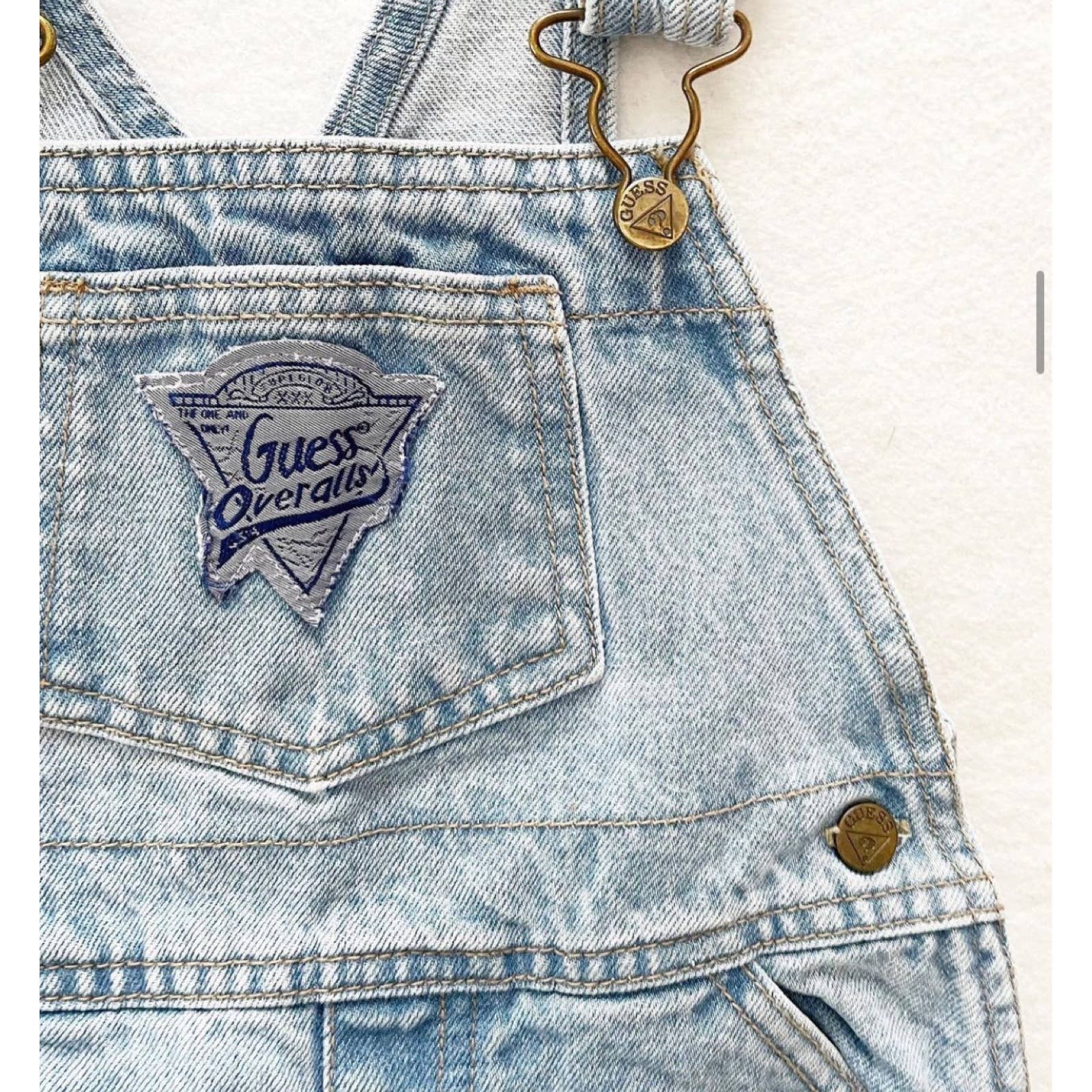 Vintage Guess Light Wash Patch Logo Overalls - Yellow Clover Vintage Kids Clothes