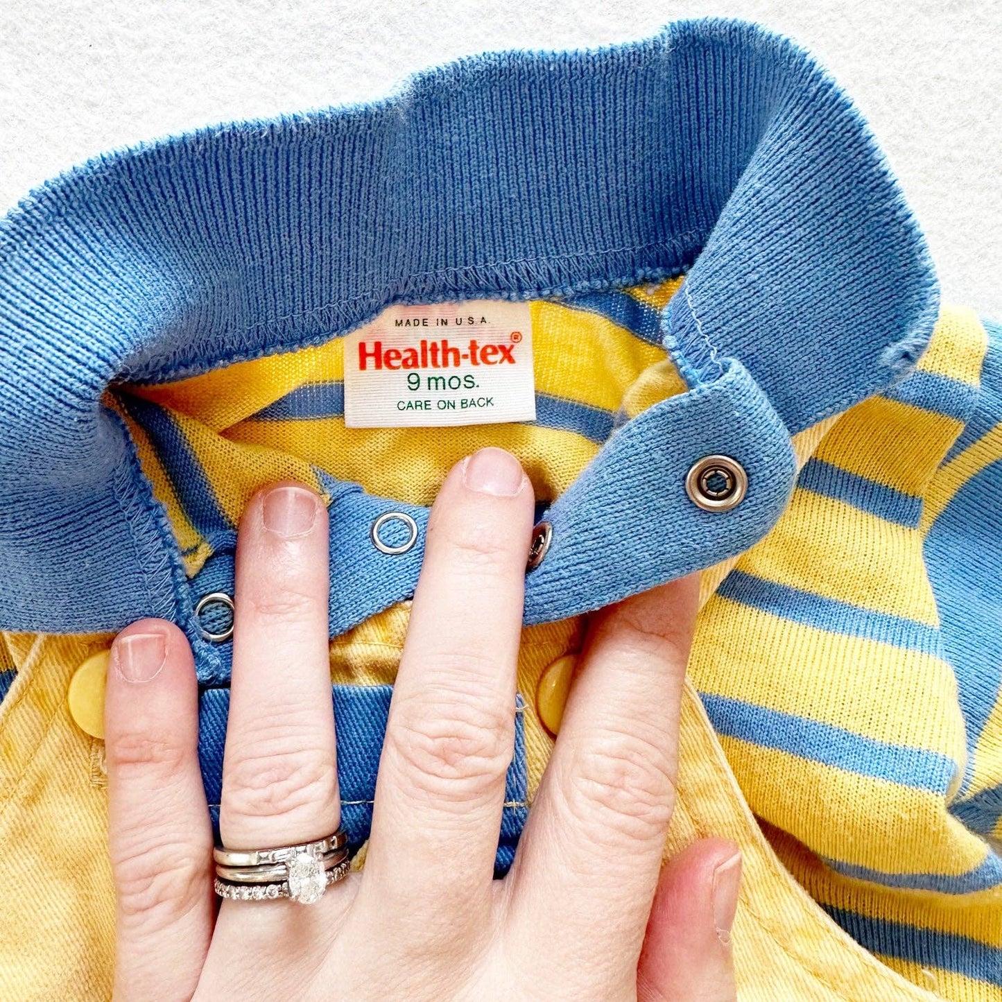 Vintage Healthtex Overalls Set With Striped Top: 9m - Yellow Clover Vintage Kids Clothes