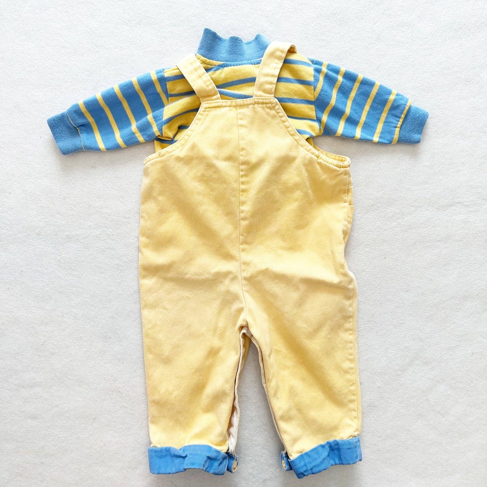 Vintage Healthtex Overalls Set With Striped Top: 9m - Yellow Clover Vintage Kids Clothes