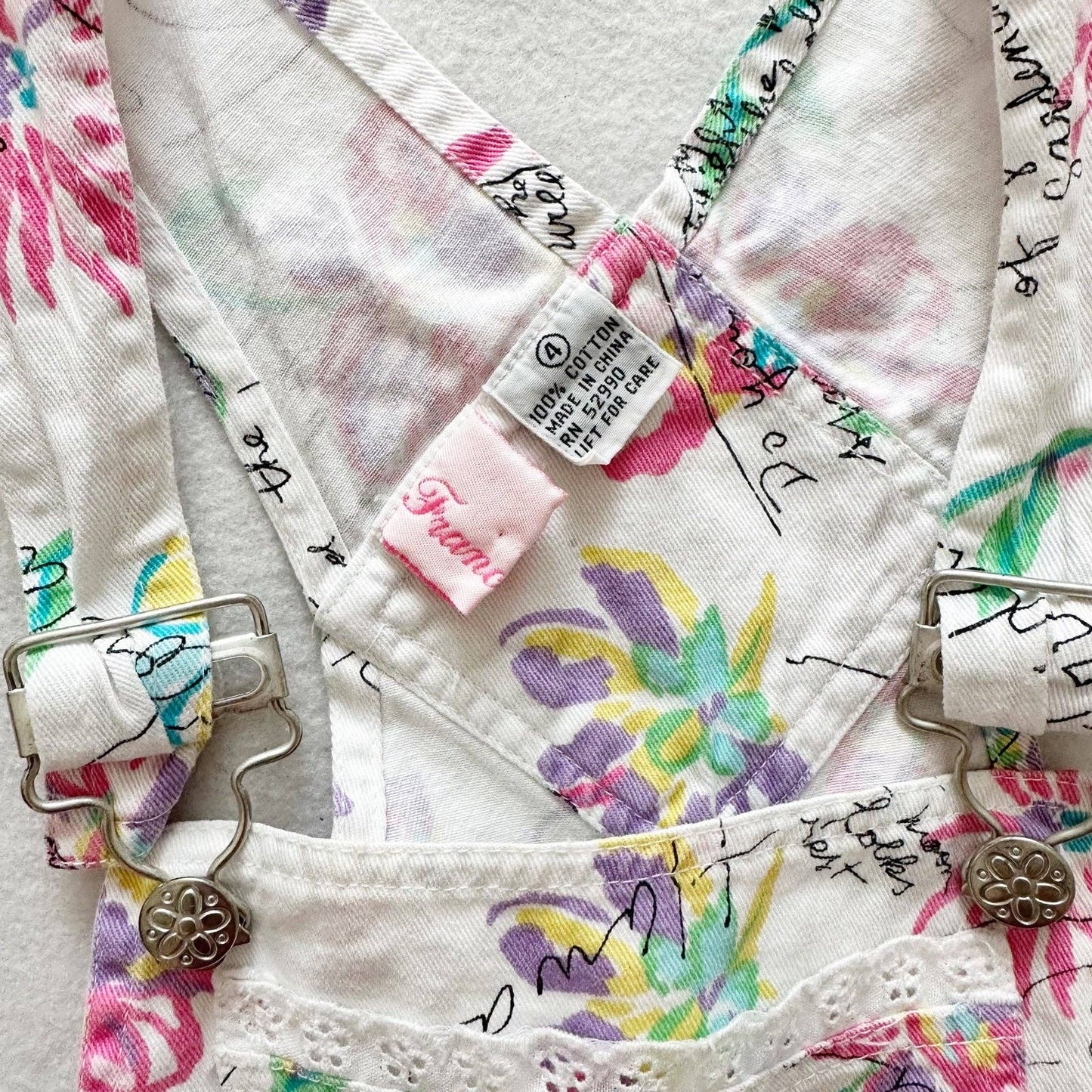 90s Floral Vacation Print Shortall Overalls - Yellow Clover Vintage Kids Clothes