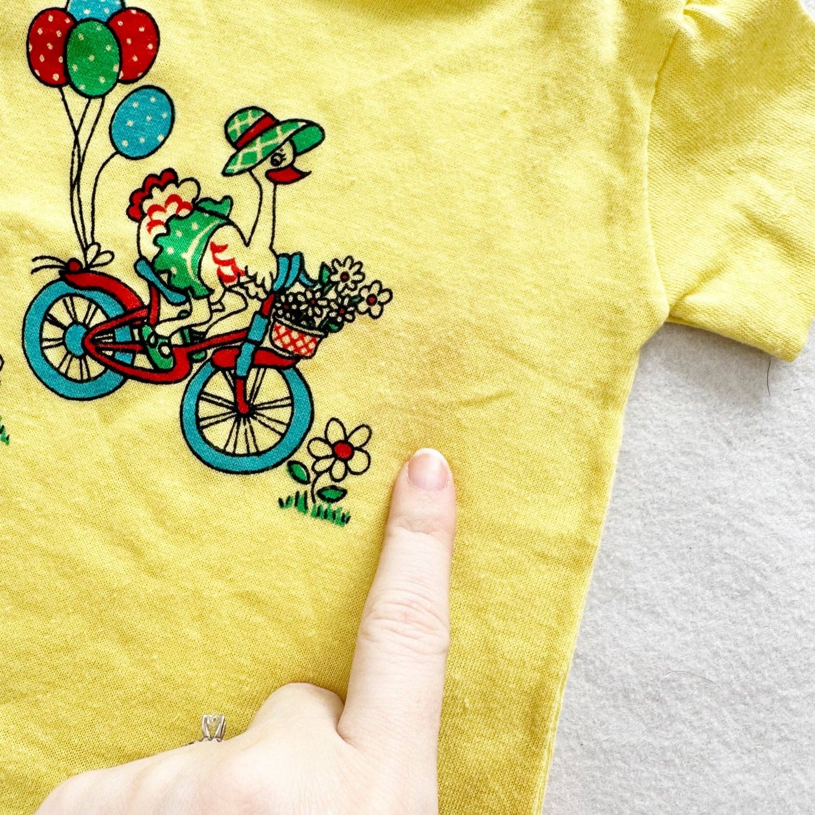 Goose Balloon Bicycle Graphic T-shirt - Yellow Clover Vintage Kids Clothes