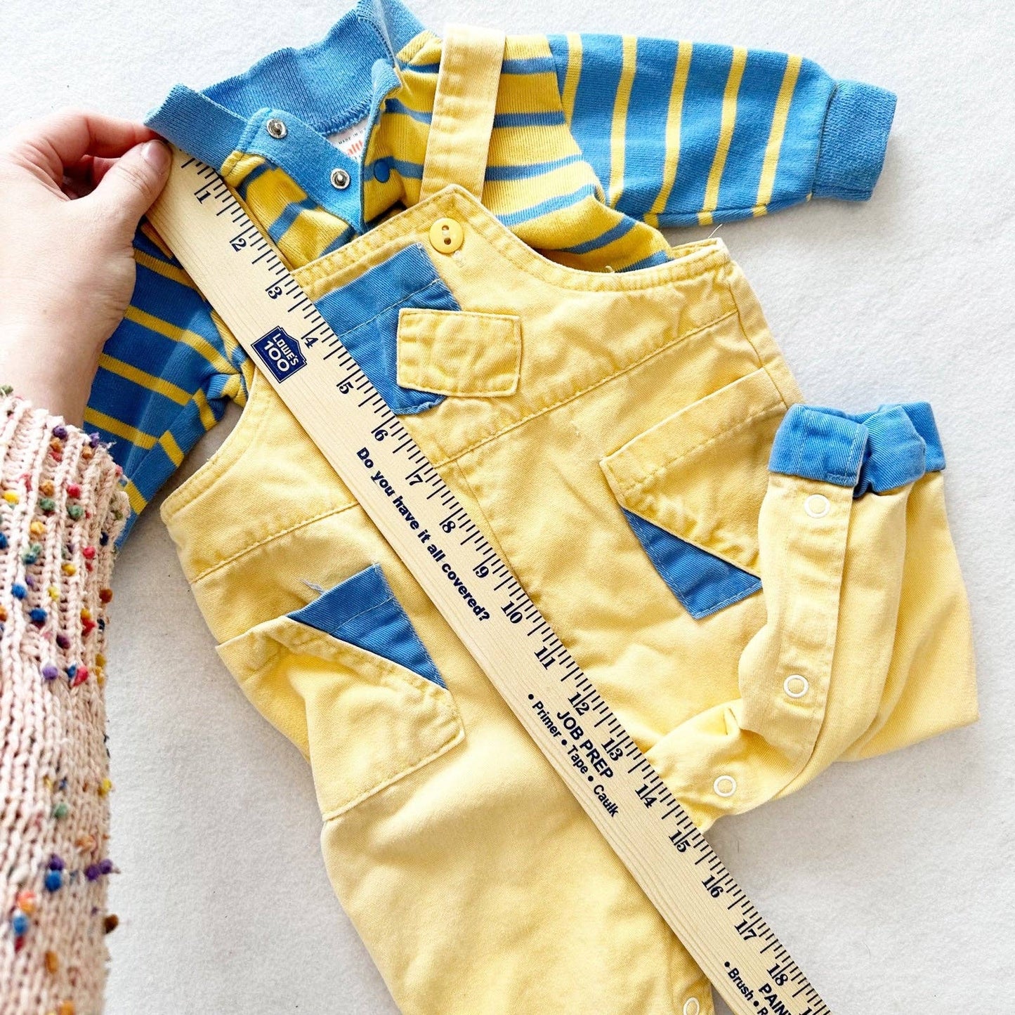 Vintage Healthtex Overalls Set With Striped Top: 9m - Yellow Clover Vintage Kids Clothes