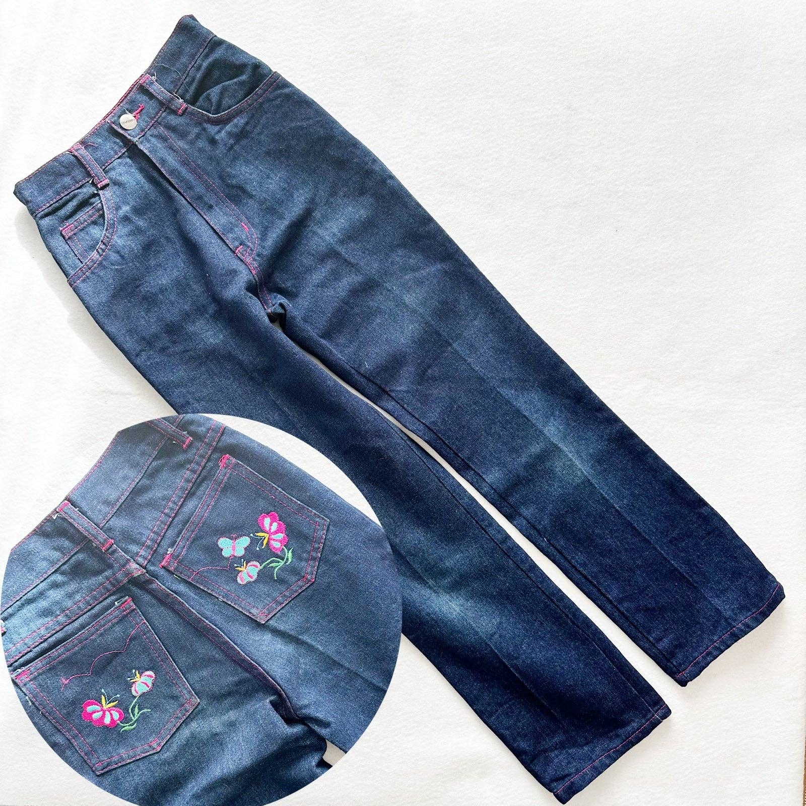 Vintage Favorites Butterfly Flower Embroidered Jeans: 10y - Yellow Clover Vintage Kids Clothes